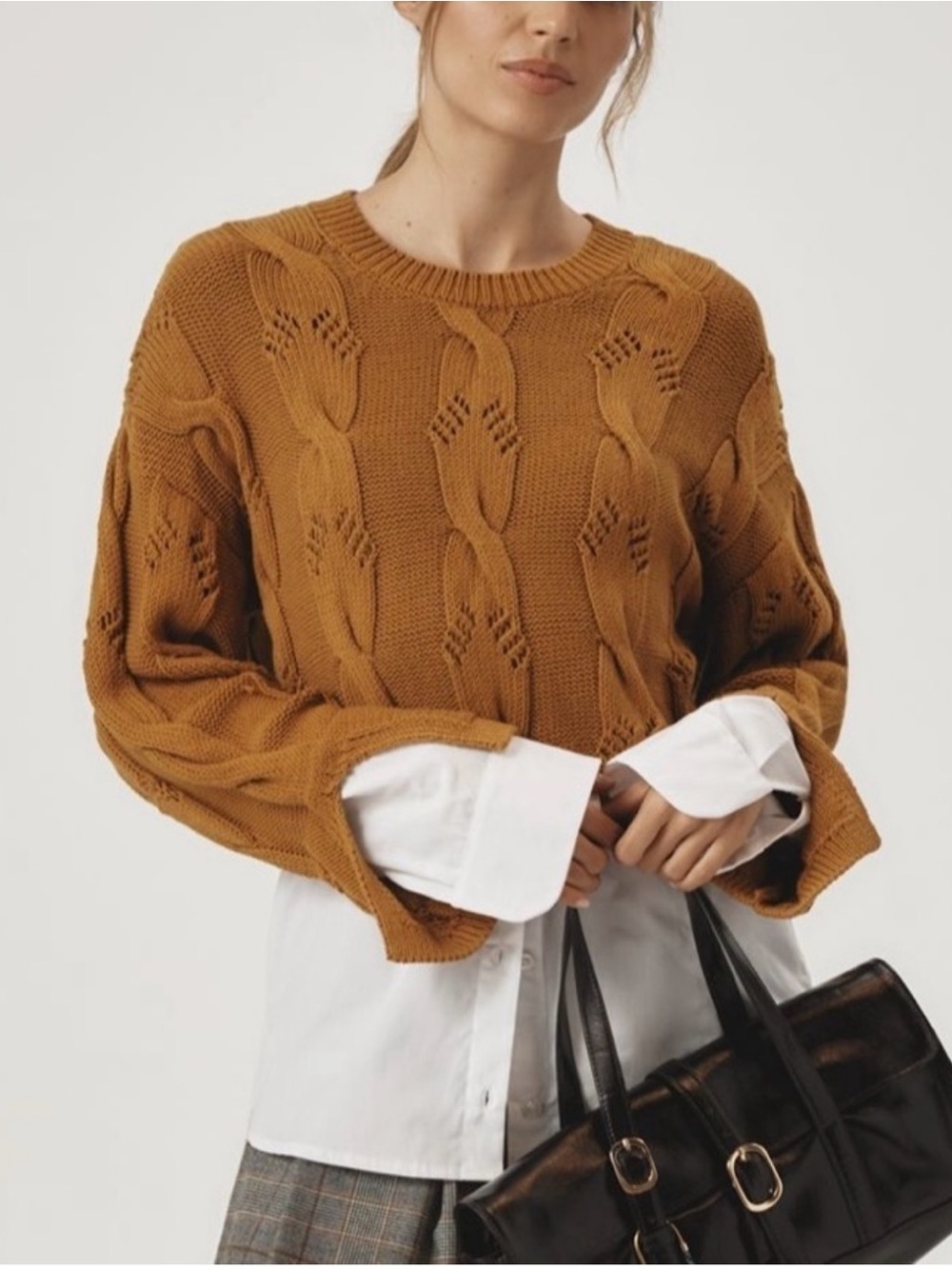 PILCRO Anthropologie Cable Knit Twofer Shirt Sweater Mustard Brown Size S